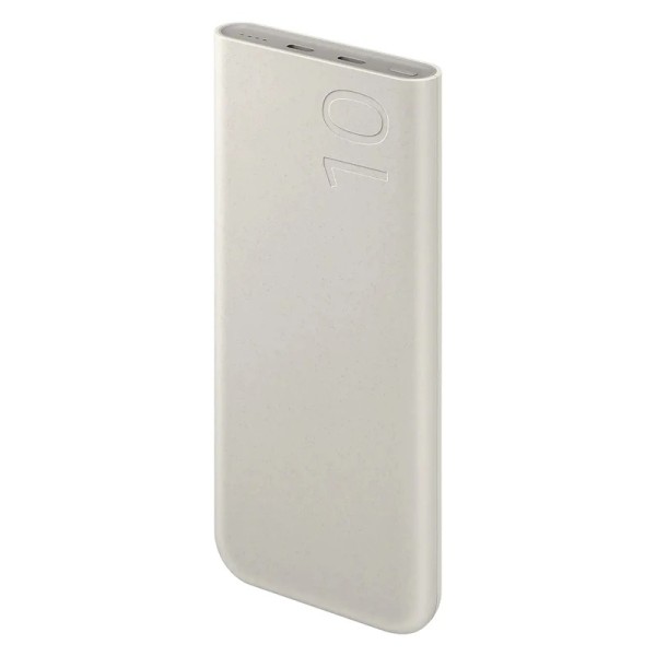 پاوربانک سامسونگ مدل EB-P3400، ظرفیت 10000 میلی‌آمپر ساعت، پشتیبانی از فناوری شارژ سریع Power Delivery (PD)، پشتیبانی از قابلیت شارژ Superfast، جنس بدنه از موارد بازیافتی، به همراه کابل USB-C به USB-C، دارای 2 درگاه خروجی